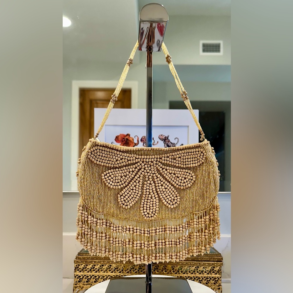 VTG Fringed Wood/Glass Beaded Purse/Bag - EUC, In’s